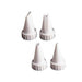 Four white plastic piping tips with ribbed bases displayed in two rows, featuring various cone shapes including round, star, and leaf designs for cake decorating.