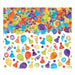 Colorful plastic party confetti pieces in bright blue, purple, lime green, orange, and yellow featuring balloons, party hats, streamers, spirals, and small spheres scattered on white background.