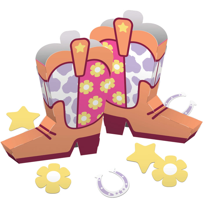 Colorful cowgirl boot decorations with flowers and stars on a white background