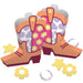 Colorful cowgirl boot decorations with flowers and stars on a white background