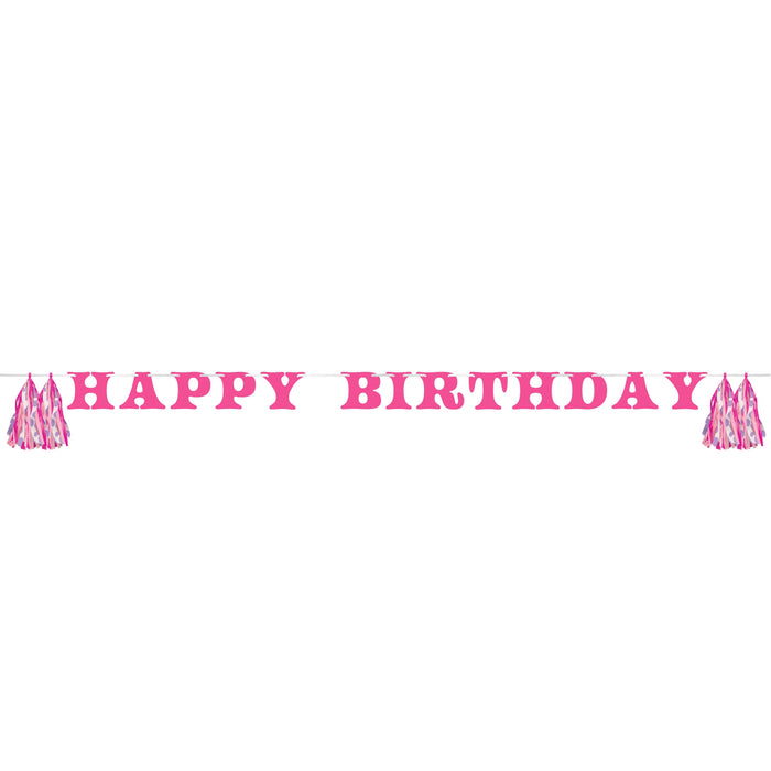 Pink 'Happy Birthday' banner with tassels on a white background