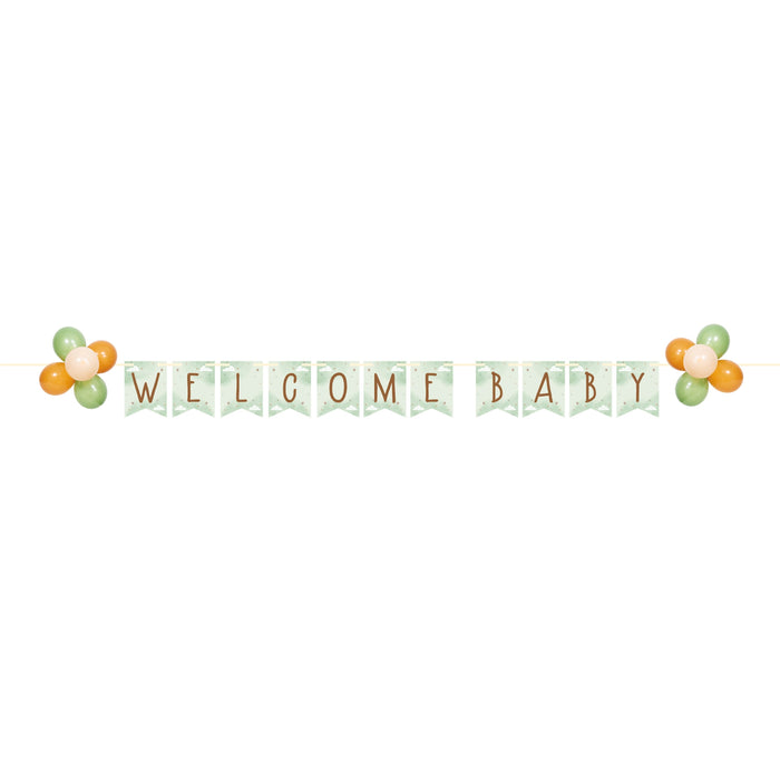 Teddy Bear Welcome Baby banner with soft green letter flags, brown lettering, and small green, tan, and cream balloon cluster accents.