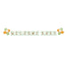 Teddy Bear Welcome Baby banner with soft green letter flags, brown lettering, and small green, tan, and cream balloon cluster accents.