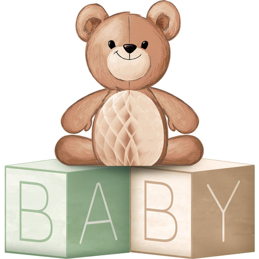 Teddy Bear Centerpiece Baby Blocks W/ Honeycomb  | 1ct