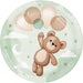 Teddy Bear 7-inch paper plate with smiling bear holding balloons, clouds, moons, stars, and soft green watercolor accents.