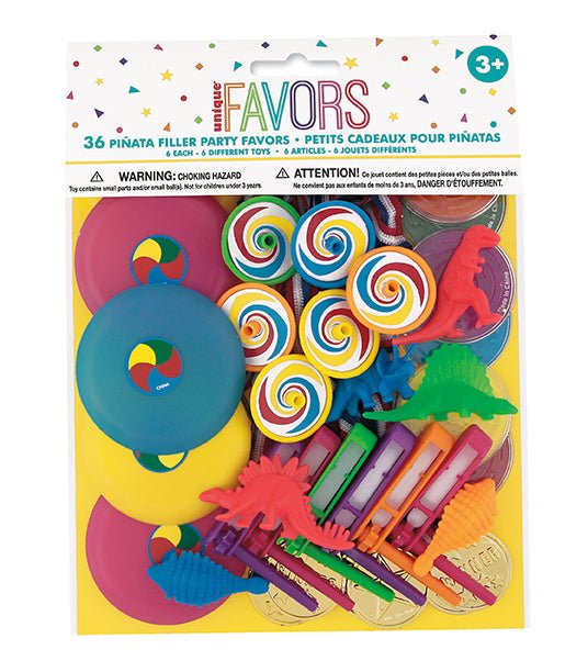 Colorful 36-piece piñata filler set displaying six large circular discs in bright colors, six rainbow lollipop candies, a red star-shaped toy, and twelve markers arranged on yellow backing.