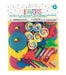 Colorful 36-piece piñata filler set displaying six large circular discs in bright colors, six rainbow lollipop candies, a red star-shaped toy, and twelve markers arranged on yellow backing.