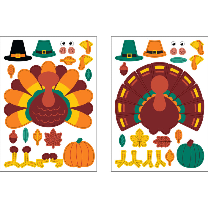 Two sheets of Thanksgiving-themed sticker cutouts on a white background, featuring a turkey, pilgrim hats, acorns, pumpkins, leaves, and feet in autumn colors.