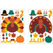 Two sheets of Thanksgiving-themed sticker cutouts on a white background, featuring a turkey, pilgrim hats, acorns, pumpkins, leaves, and feet in autumn colors.