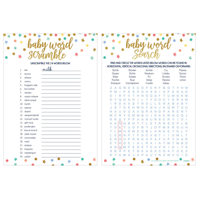Baby Shower 2-in-1 word game set featuring a word scramble and word search activity sheets with baby-themed words, confetti, and star accents, sold in a 24-count pack.