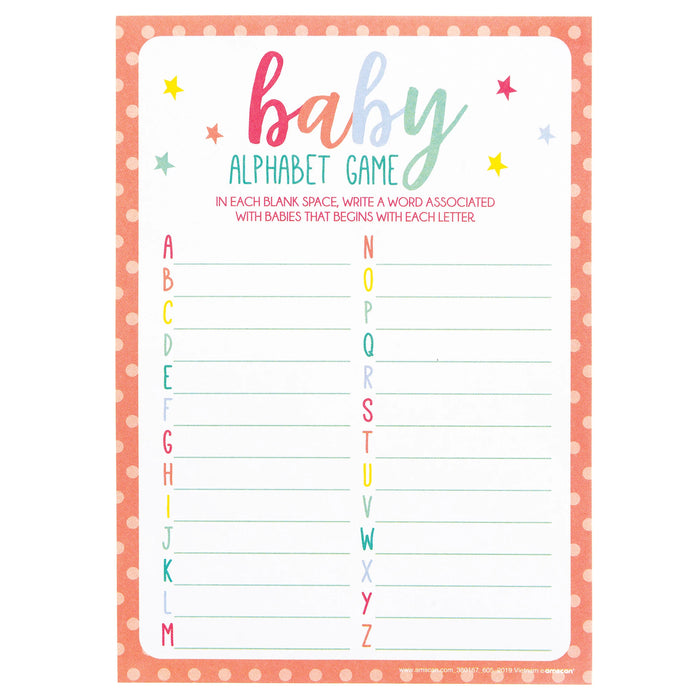 Baby Shower ABC Game sheet with colorful alphabet fill-in lines, pastel baby lettering, star accents, and coral polka dot border.