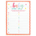 Baby Shower ABC Game sheet with colorful alphabet fill-in lines, pastel baby lettering, star accents, and coral polka dot border.