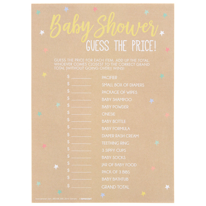 Baby Shower Guess the Price game sign printed on kraft-style paper with a list of baby items and blank spaces for price guesses, designed for baby shower party activity.