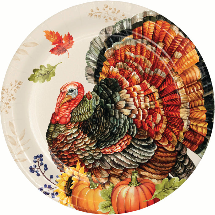 A round paper plate featuring a detailed Thanksgiving turkey illustration with pumpkins, sunflowers, and autumn leaves on a cream background.