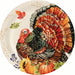 A round paper plate featuring a detailed Thanksgiving turkey illustration with pumpkins, sunflowers, and autumn leaves on a cream background.