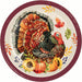 A round paper plate featuring a detailed illustration of a turkey with autumn leaves, pumpkins, sunflowers, and berries, set against a plain white background.