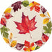 A round paper plate featuring a colorful autumn leaf pattern with a large red maple leaf in the center and smaller red, yellow, green, and purple leaves around the rim on a white background.