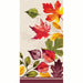 A vertical rectangular napkin featuring a decorative pattern of illustrated autumn leaves in red, orange, yellow, green, and purple on a light beige background, with a dark burgundy band at the bottom.