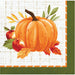 A square napkin featuring a large orange pumpkin with red apples, green and yellow leaves, and autumn leaves on a white textured background, with an orange-and-white striped border and a dark green side edge.