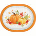 An oval paper plate with a festive autumn design, featuring two pumpkins, apples, a pear, and leaves on a white textured background with an orange rim.