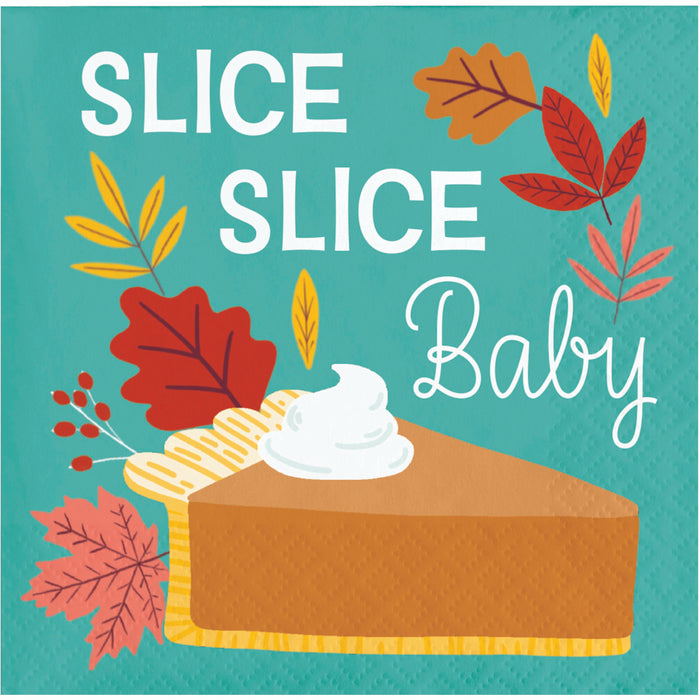 A square paper napkin with a festive autumn-themed design featuring a slice of pumpkin pie with whipped cream, surrounded by colorful fall leaves. The text reads 'SLICE SLICE Baby' in white lettering against a textured teal background.