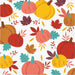 A repeating autumn pattern napkin featuring illustrated pumpkins in red, yellow, orange, and peach, along with teal, red, brown, and yellow leaves on a white background.