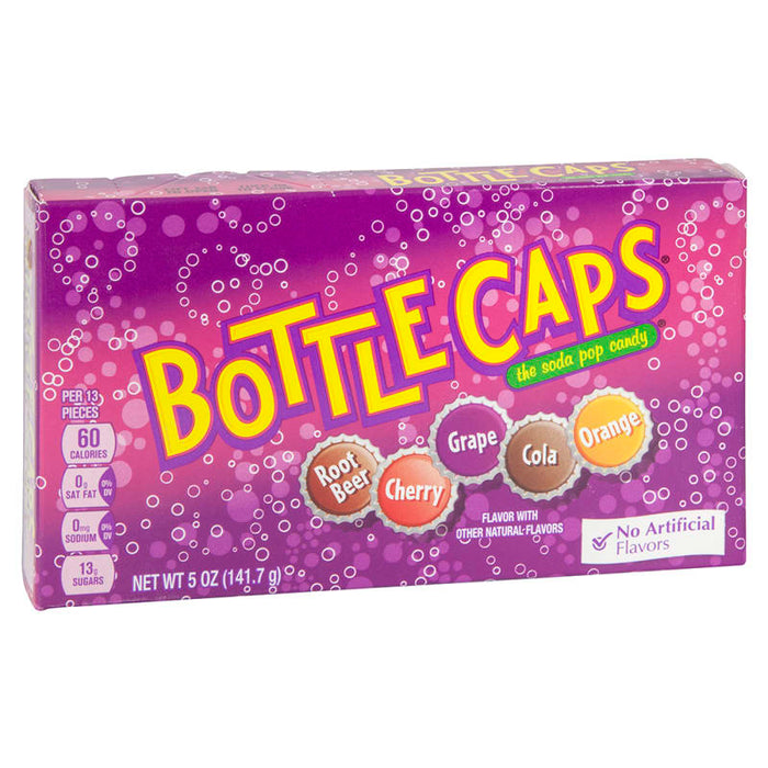 Bottlecaps: soda-flavored pressed-sugar candies. Sold in a 5 oz rectangular cardboard theater box, printed with the brand name and product.
