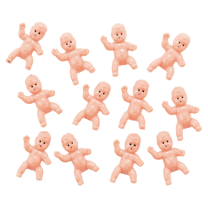 Set of 12 tiny pink plastic baby figures in assorted poses, designed for baby showers, Mardi Gras cake traditions, party games, and table decoration.