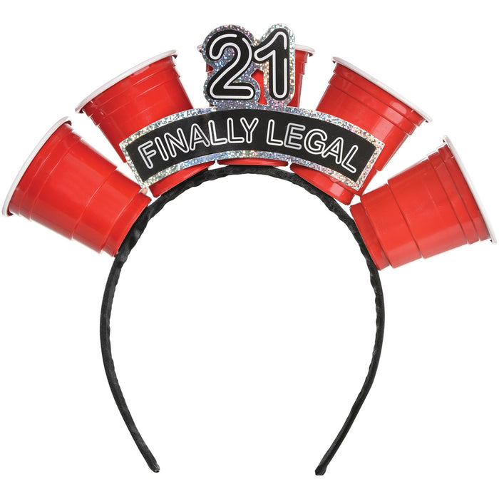 Finally 21 novelty shot glass headband featuring a glitter “21” topper, “Finally Legal” banner, and multiple red shot glass holders attached to a black headband for 21st birthday celebrations.