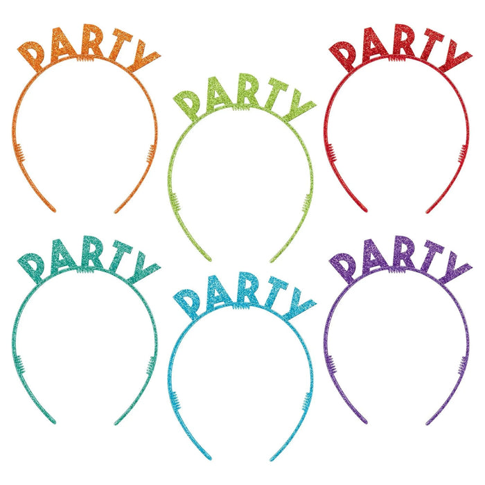 Six glittery plastic party headbands in orange, red, green, teal, blue, and purple, each labeled "PARTY" in matching sparkly text.