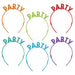 Six glittery plastic party headbands in orange, red, green, teal, blue, and purple, each labeled "PARTY" in matching sparkly text.