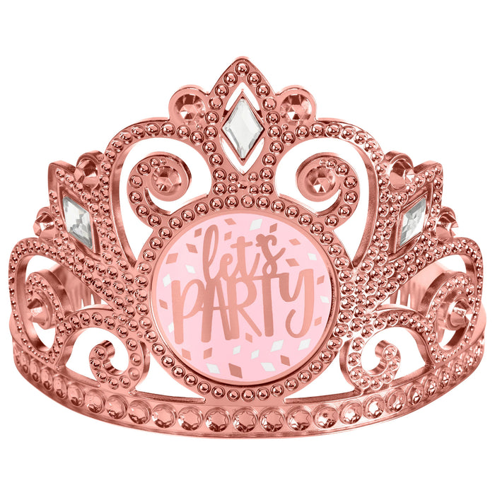 Blush Birthday Tiara featuring a metallic rose gold crown design with gem-style accents and a pink center medallion that reads “let’s PARTY.”
