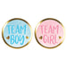 Gender Reveal Multipack Buttons featuring assorted Team Boy and Team Girl round button designs with blue and pink backgrounds, gold borders, and heart accents.