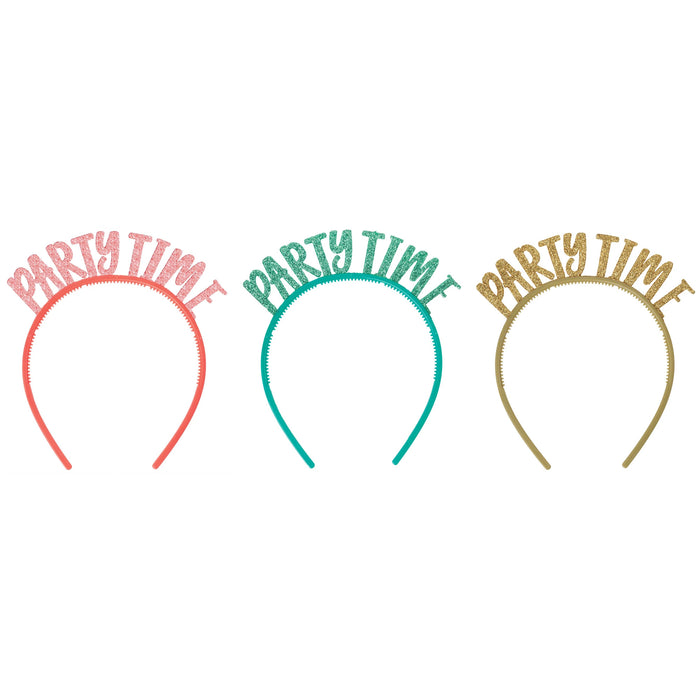 Happy Cake Day Plastic Headbands featuring pink, teal, and gold headbands with glitter-style Party Time lettering.