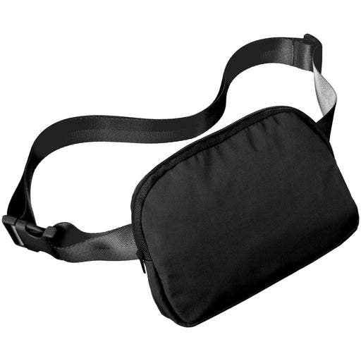 A 7.5 inch long by 5inch wide Black belt bag.