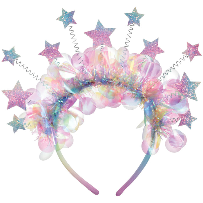 Luminous Deluxe Headband with pastel rainbow band, iridescent tinsel, translucent sequin accents, and glittery star toppers.