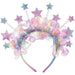 Luminous Deluxe Headband with pastel rainbow band, iridescent tinsel, translucent sequin accents, and glittery star toppers.