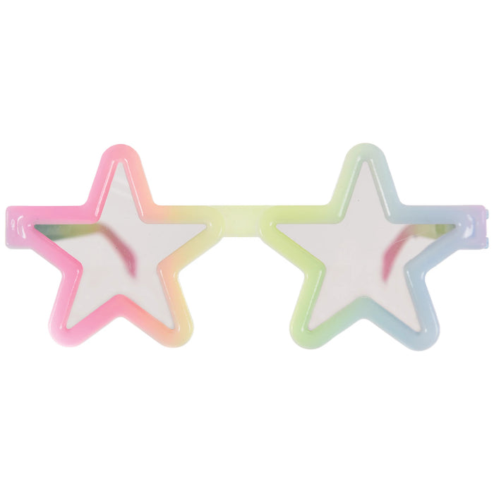 Pastel rainbow star-shaped novelty glasses with pink, green, and blue frames designed as a fun party accessory.