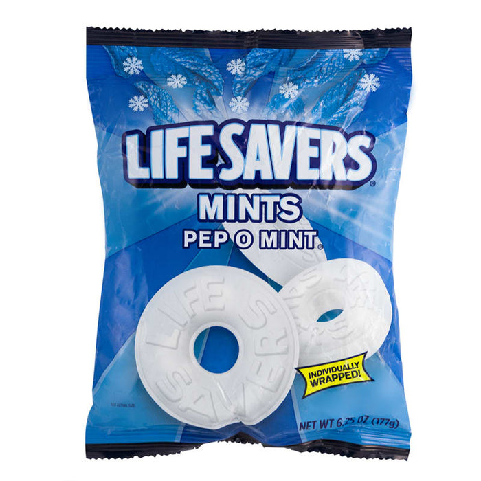 Lifesavers Pep-O-Mint Mints: small mints. Sold in a 6.25 oz clear plastic peg bag that hangs from a printed header card, with the candy visible inside.