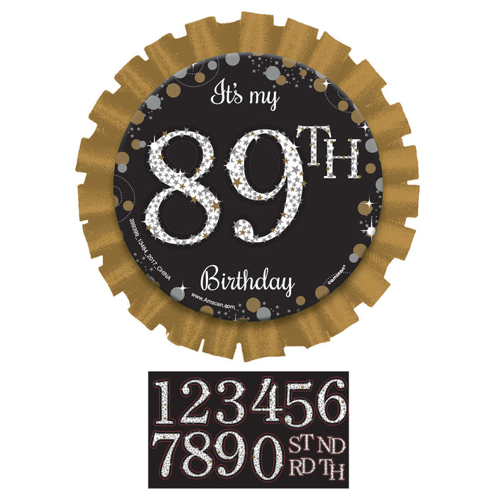 Sparkling Celebration Add-Any-Age Button with black and gold rosette design, customizable number stickers, and sparkling birthday accents.