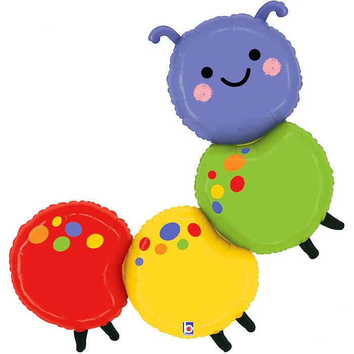 Three colorful segmented foil balloons stacked together form a smiling caterpillar with a purple head, green middle, and red and yellow body segments, each decorated with colored polka dots.