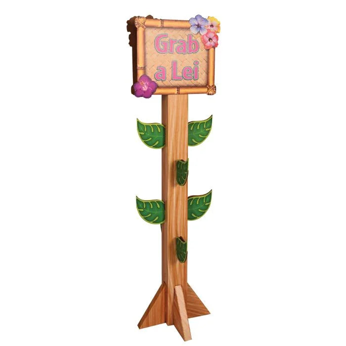 Wooden lei station display stand with a square sign reading "Grab a Lei" decorated with colorful flowers, featuring a tall wooden pole with green leaf attachments and a wide base.