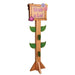 Wooden lei station display stand with a square sign reading "Grab a Lei" decorated with colorful flowers, featuring a tall wooden pole with green leaf attachments and a wide base.
