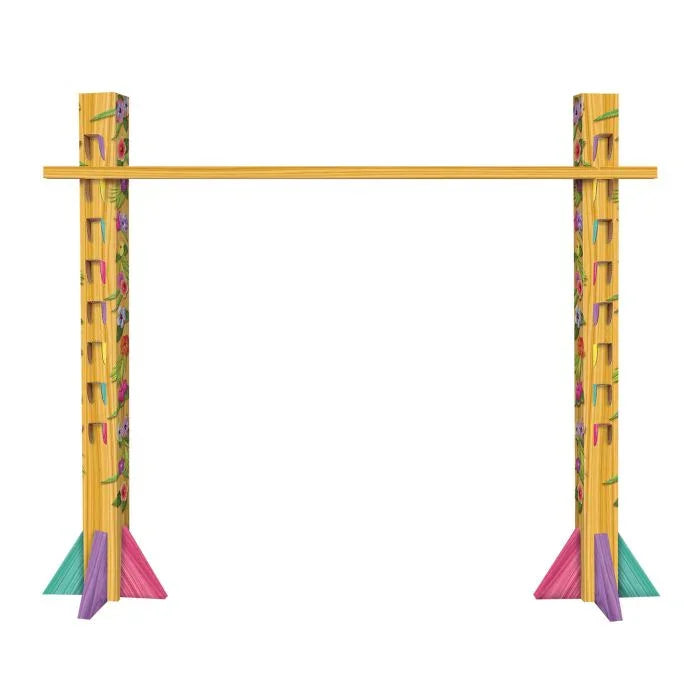 Wooden limbo game with two tall painted posts connected by a horizontal bar, featuring colorful geometric designs and teal and magenta foot bases.