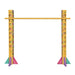 Wooden limbo game with two tall painted posts connected by a horizontal bar, featuring colorful geometric designs and teal and magenta foot bases.