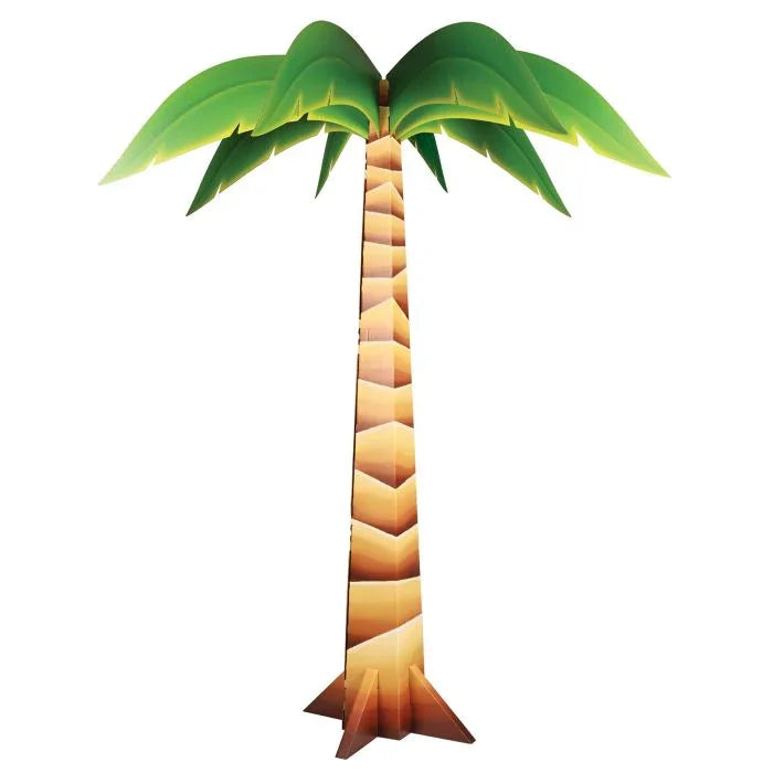 Stylized 3D palm tree decoration with bright green fronds at the top and a tan textured trunk that tapers toward the base.