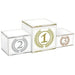 Three-tiered white podium with gold trim featuring first place center platform and second and third place side platforms, each decorated with a laurel wreath emblem and numbered 1, 2, and 3.