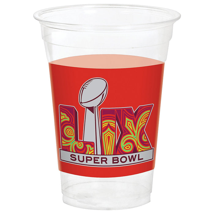 An 18 Ounce Super Bowl LIX Disposable Plastic Cup.