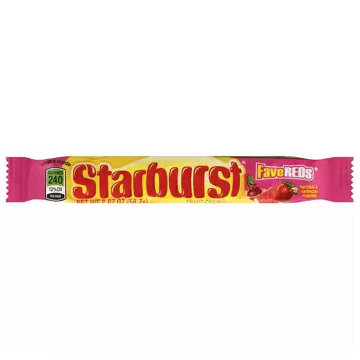 Starburst Fave Reds: soft square fruit chews, in a mix of bright colors. Individually wrapped, 2.07 oz size.