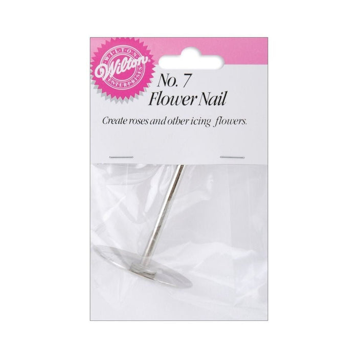 Wilton No. 7 Flower Nail in a pink and white package, featuring a metal nail tool with a flat circular base and long stem used for cake decorating.